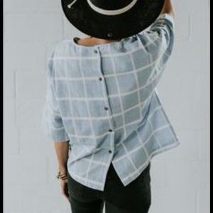 Lumiere Blue Linen Button Back Top